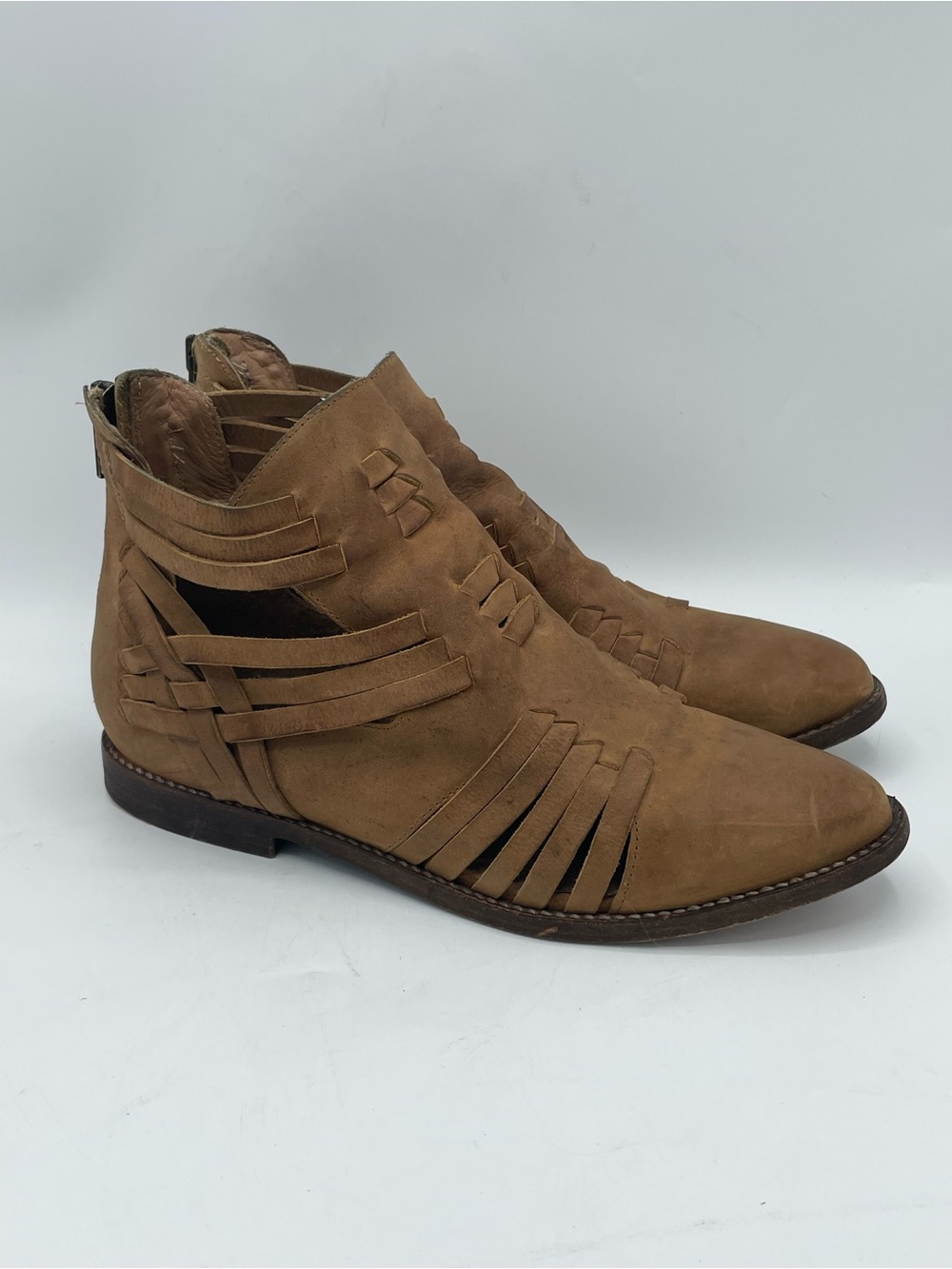Chocolat Blu Fairuz Brown Leather Weave Cutout Ankle Booties.